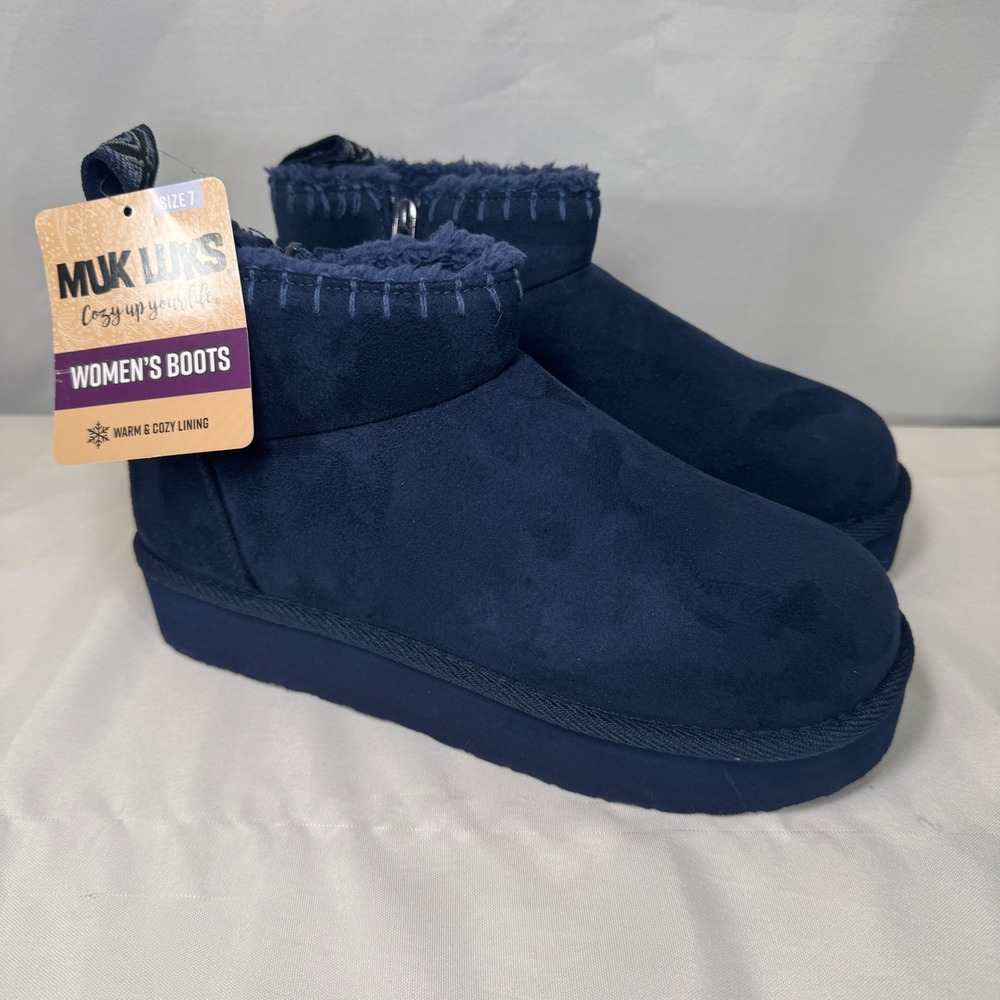 Muk Luks Augie Bootie Navy Blue Faux Suede Fur Lined Platform Ankle Boots Size 7
